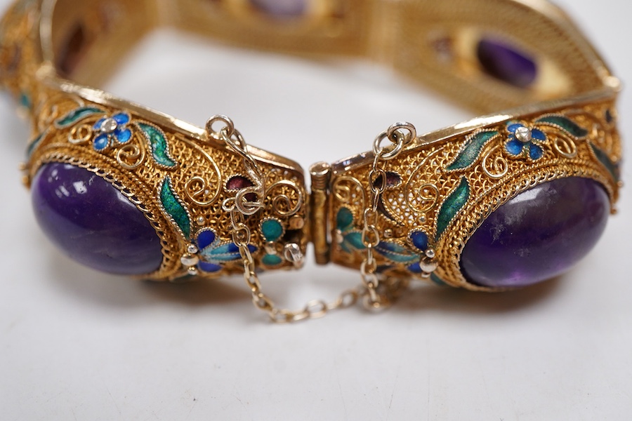 A Chinese silver gilt, enamel and amethyst cabochon bracelet - approx 20cm long and matching ring